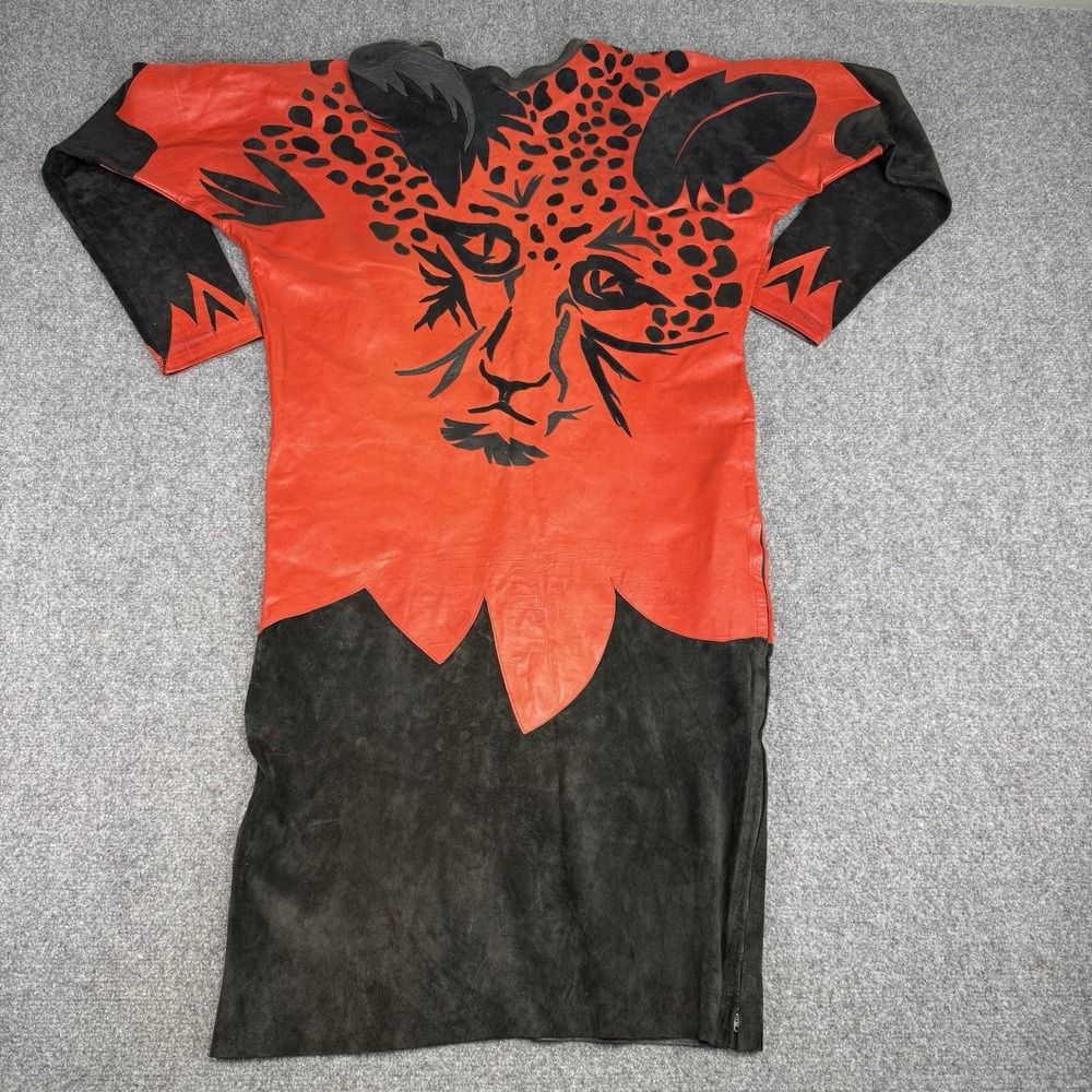 VTG 80s 100% Leather Leopard Face Art Dress Red Black Batwing Womens Small